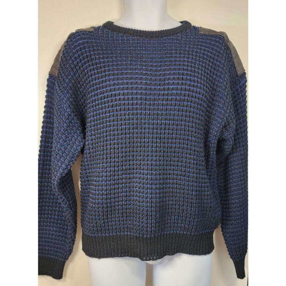 Street Scene Knit Sweater Blue Black Waffle Crewneck Leather Shoulder L